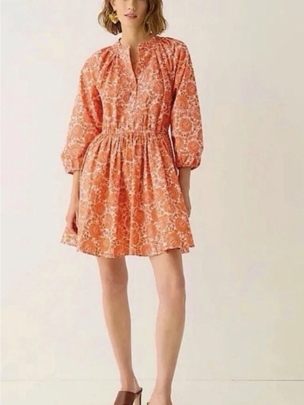 J. Crew Coral-White Floral Smocked-Waist 
Mini Dress Size L  NWOT